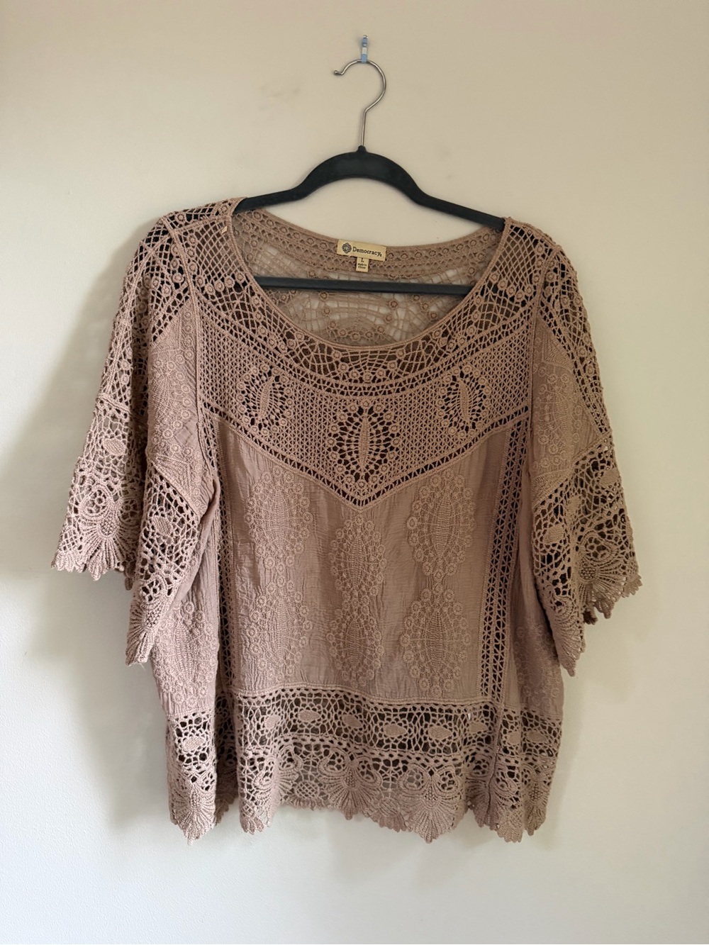 Democracy Taupe Crochet Lace Tunic Top